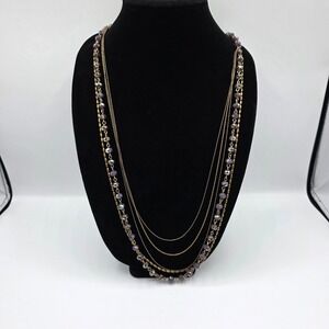 Womens Multi Strand Gold Tone Purple Crystal Beaded Necklace Flickering Chic 40"